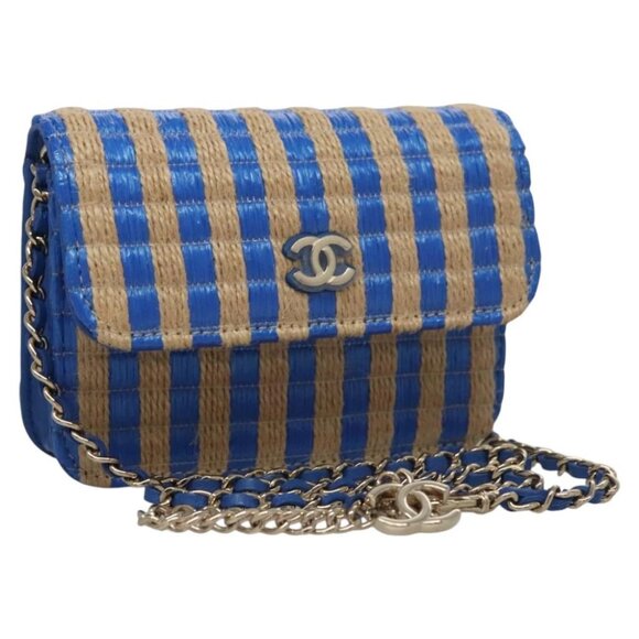 CHANEL Chain Shoulder Bag Raffia Blue CC Auth 115347AM - Picture 1 of 14